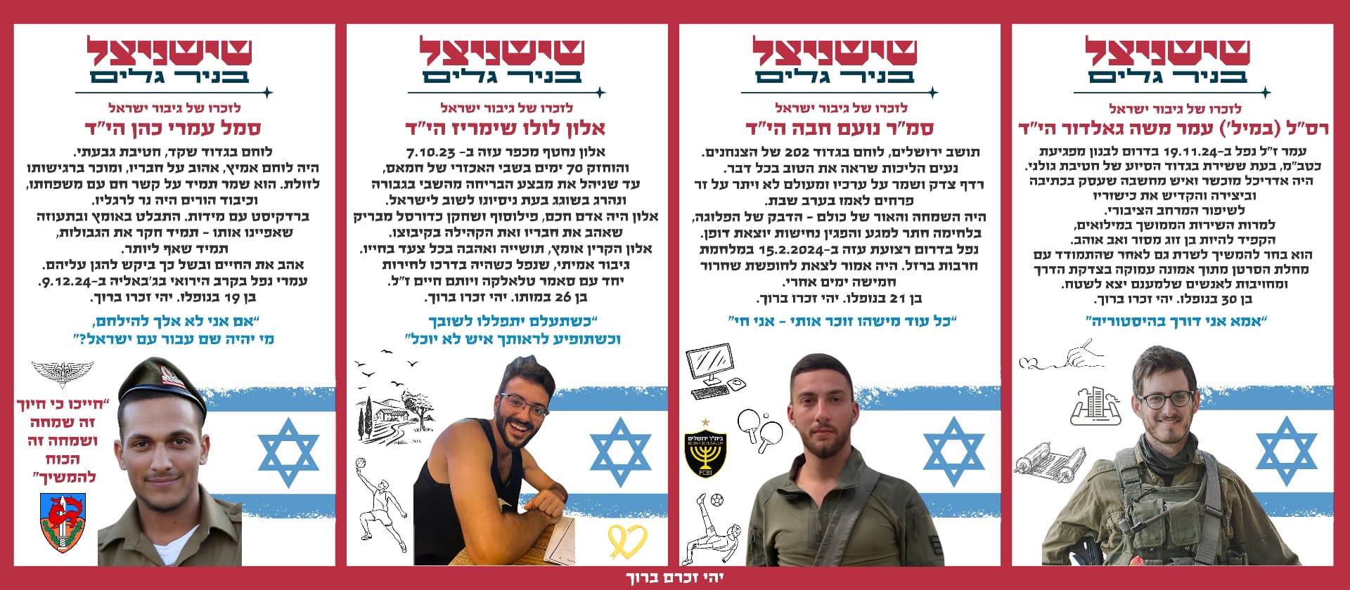 רס"ל (במיל') עמר משה גאלדור הי"ד, סמ"ר נועם חבה הי"ד, אלון לולו שימריז הי"ד, סמל עמרי כהן הי"ד