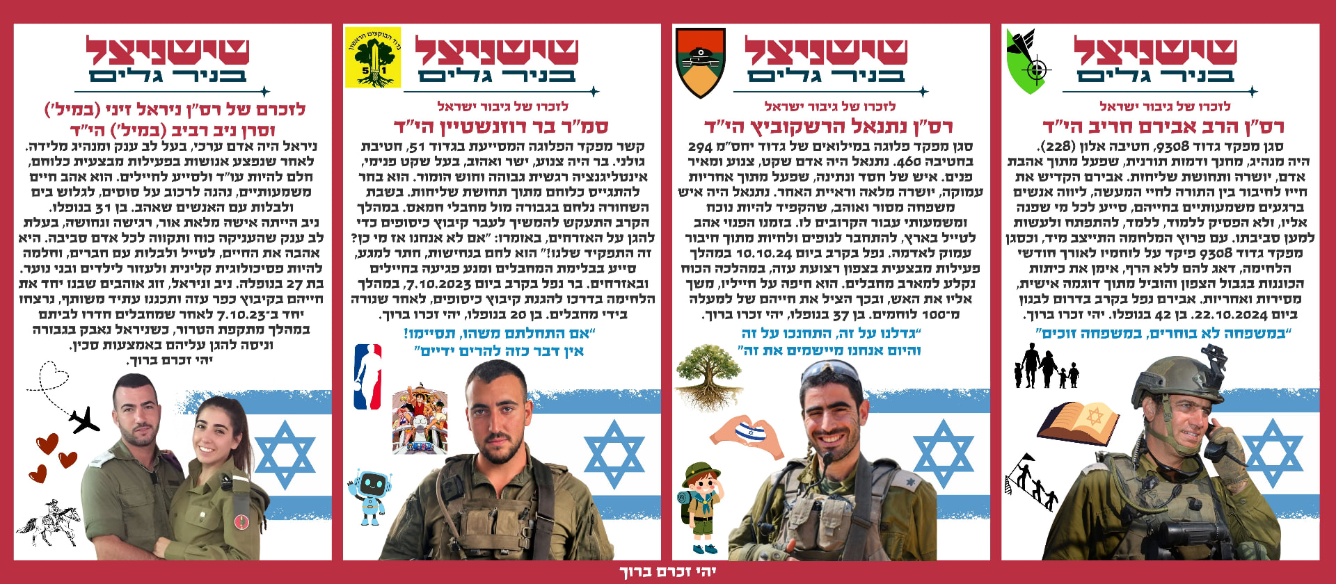 רס"ן הרב אבירם חריב הי"ד, רס"ן נתנאל הרשקוביץ הי"ד, רס"ן ניראל זיני (במיל) הי"ד, סמ"ר בר רוזנשטיין הי"ד, סרן ניב רביב (במיל') הי"ד